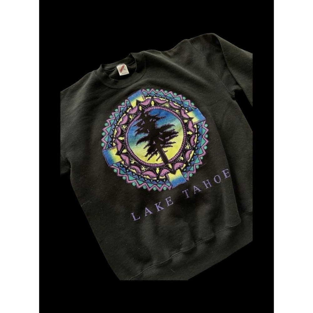 Vintage 80's Lake Tahoe Sweatshirt Skiing Size XL Jerzees‎ USA Made Black Purple